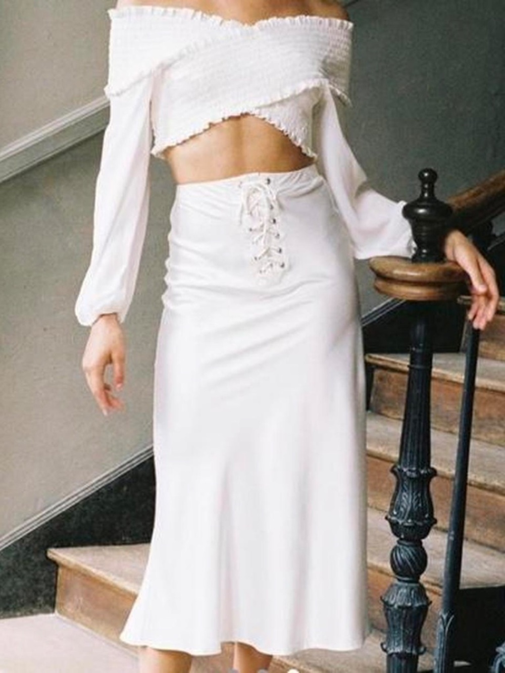 With Jean - Elsie White Lace-Up Satin Maxi Skirt - L